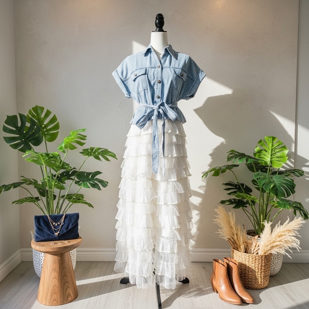 Denim Button-Up Top with White Ruffle Bottom Dress - Picture 3 of 3
